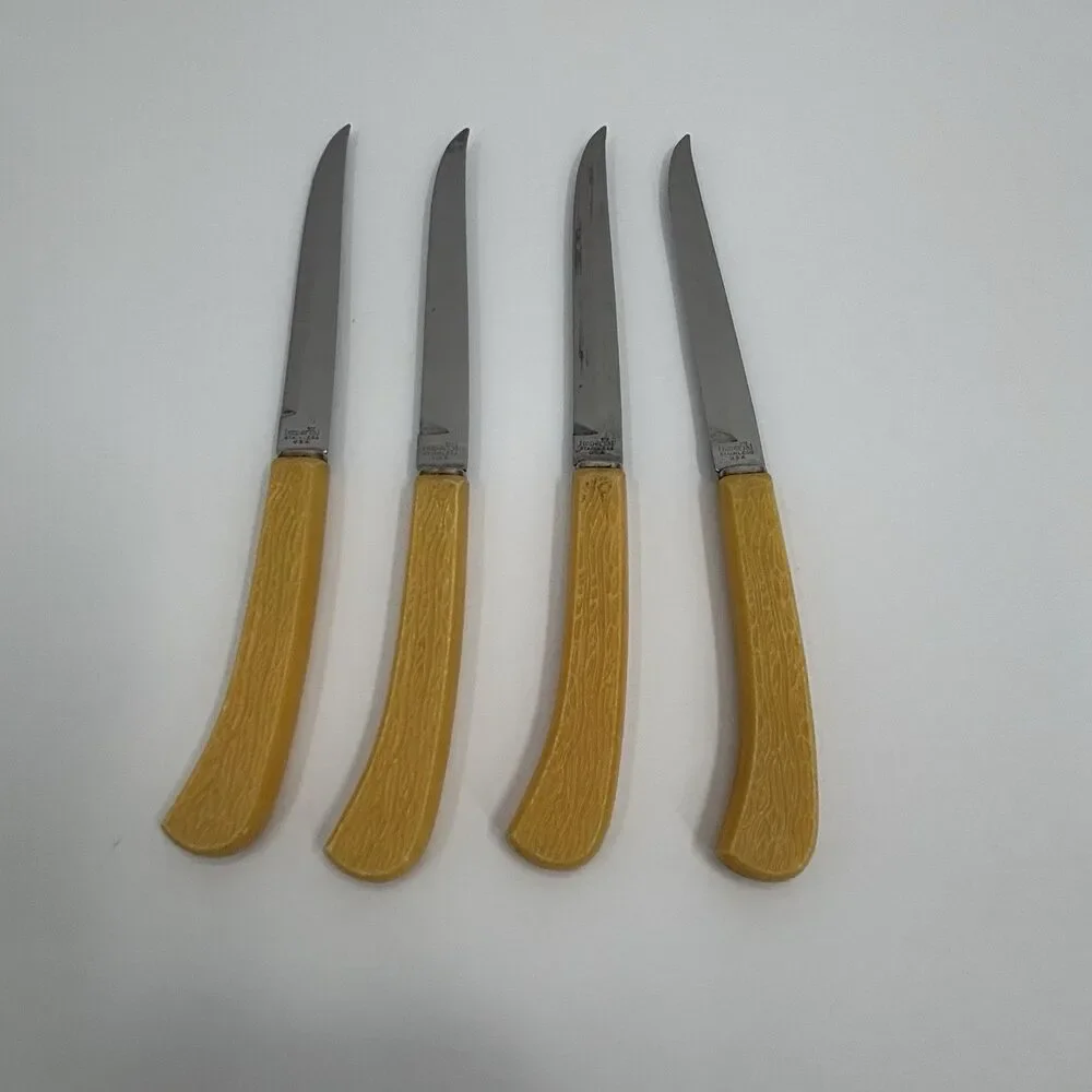 Imperial Vtg. Stainless USA Straight Edge Steak Knives Textured Bone Look Handle